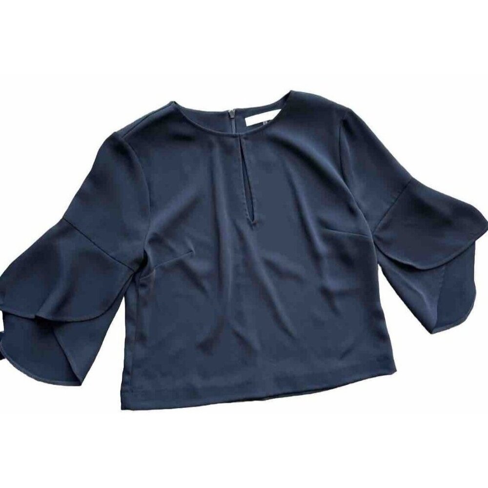 TRINA TURK Black Ruffle Flutter Sleeve Keyhole Neck Women's Size Small Blouse